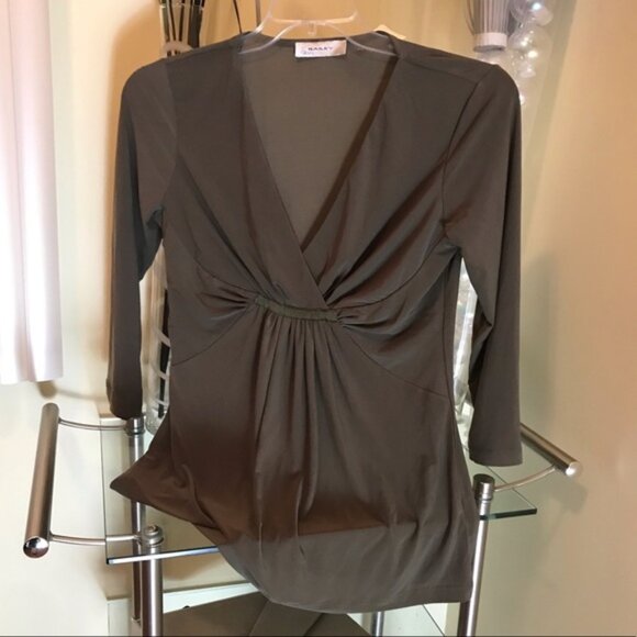 Brian BAILEY Khaki NEW Knit Faux Wrap Ruched Front Knot Twist V Neck Top Shirt S - Picture 1 of 5